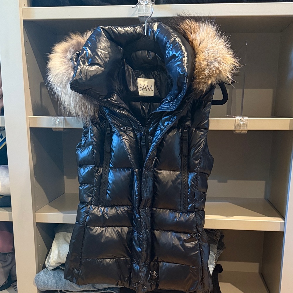 SAM Shiny Black Vest with Fur Trim